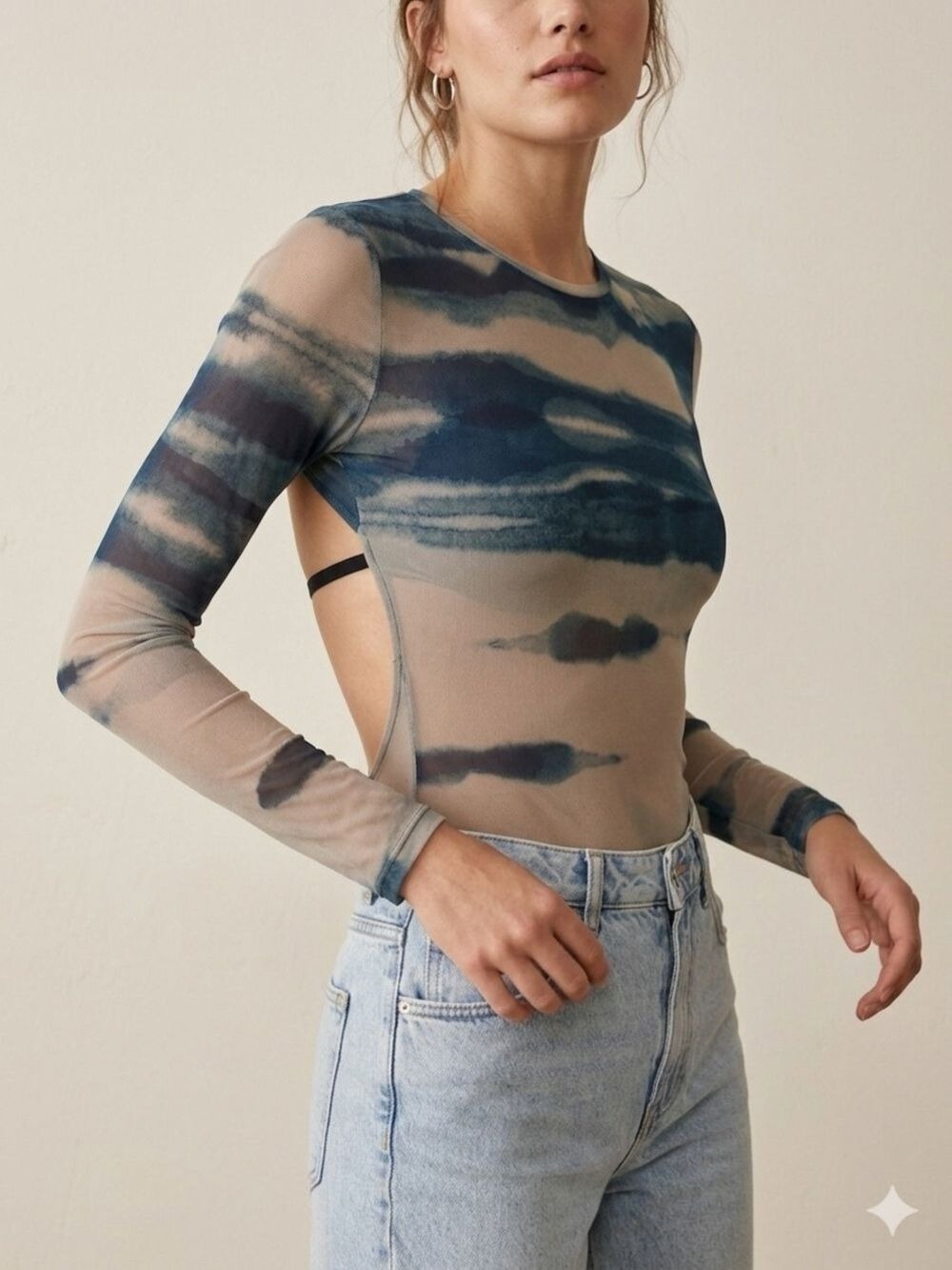 Zara Sheer Mesh Open Back Bodysuit Sz L Watercolor Abstract Tie Dye Long Sleeve